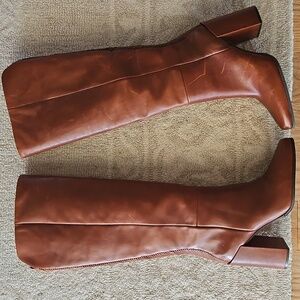 AD & Daughters Elleanora Tall Brown Leather Block Heel Boots Size 9.5